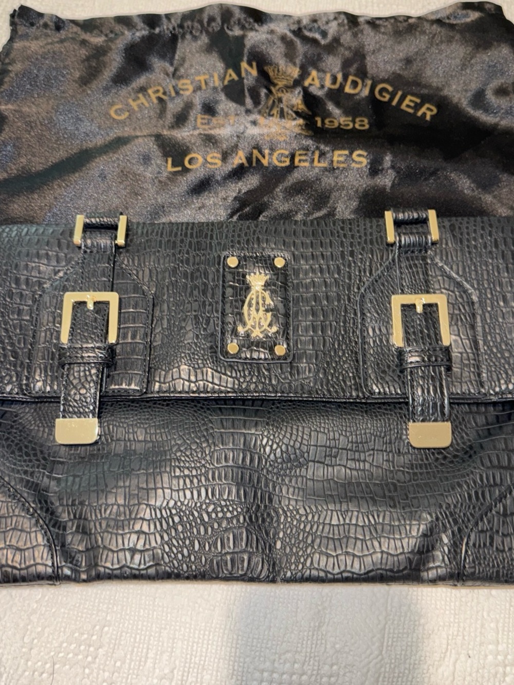 Christian Audigier women Black Croc-Embossed clutch Bag